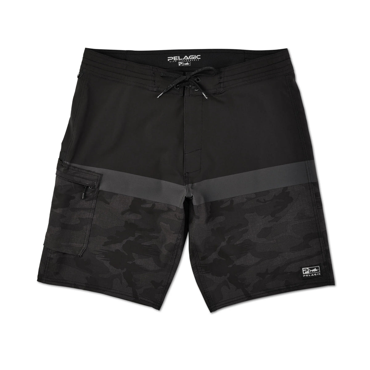 Blue Water Boardshort Fish Camo Stacked Black 1